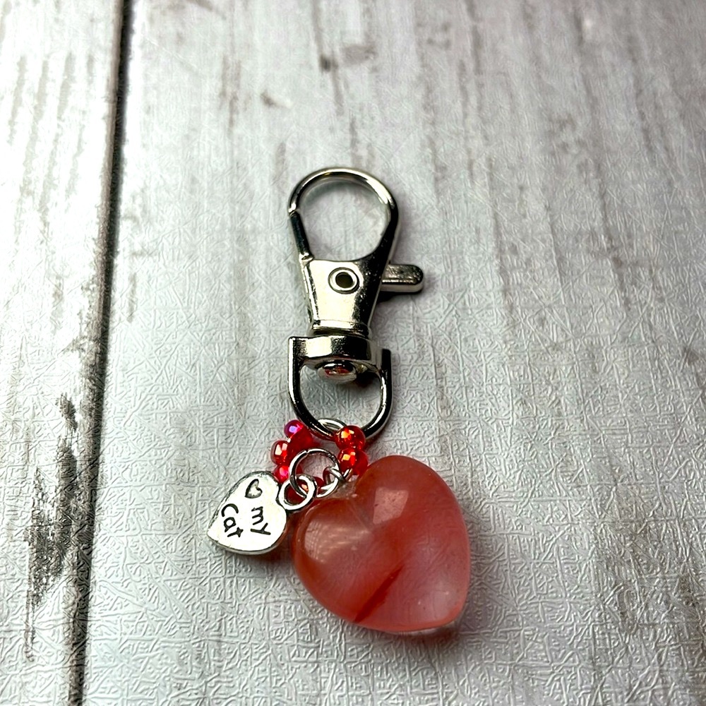 Natural Strawberry Quartz Crystal Charm With Love My Cat Charm Keychain